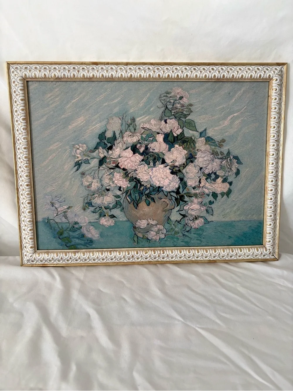 Vintage Vincent Van Gogh pink flowers artwork print in scalloped frame home art